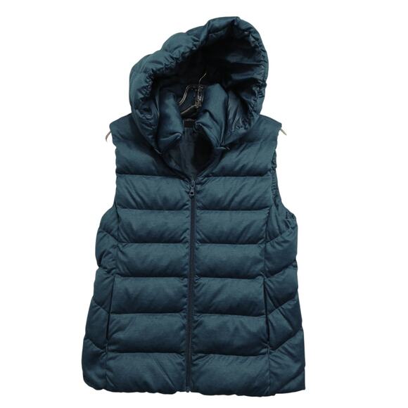 Uniglo HOODED Puffer Vest Sz L Teal Green Quilted Layer Sporty Sleeveless Zip - Picture 1 of 10